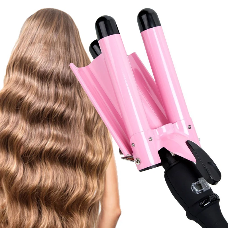 

Home use new three barrel ceramic Ionic big wave curler automatic LCD curling iron with triple barrel hair waver hair curler, Pink