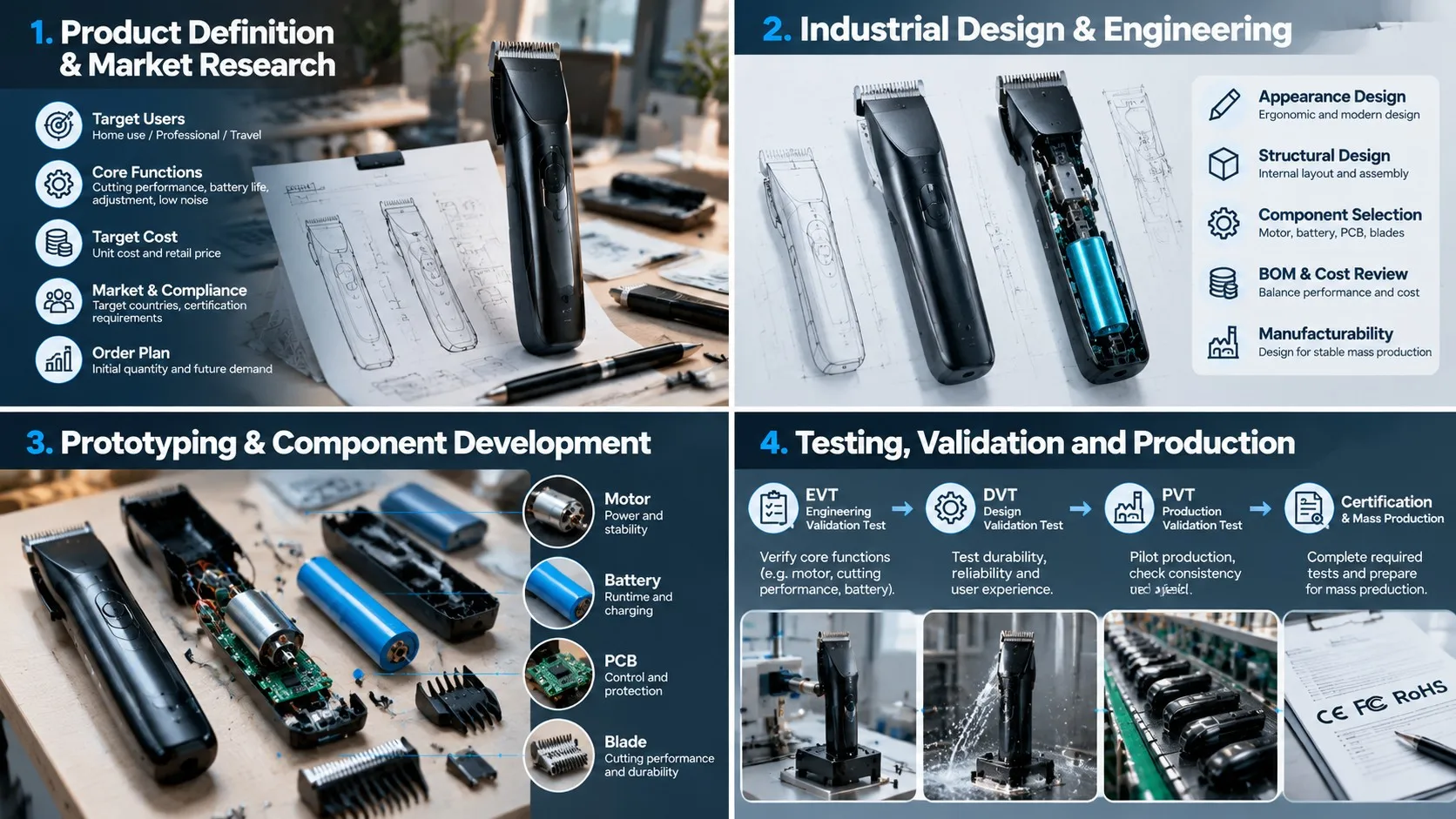 Product definition, engineering, prototyping, and EVT DVT PVT testing workflow for hair clippers
