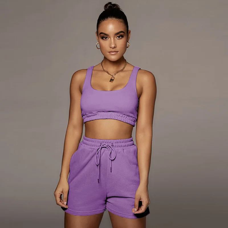 

woman clothing solid color sport tank top pant two piece short set, As shown 13 colors
