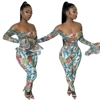 

B91028 Sexy lady off Shoulder printing flower long sleeve jumpsuit women