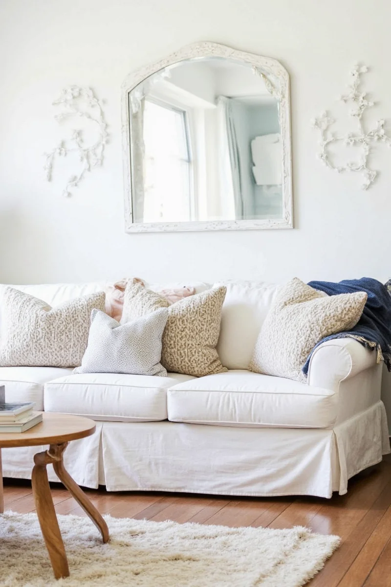 White couch with cotton canvas pillows