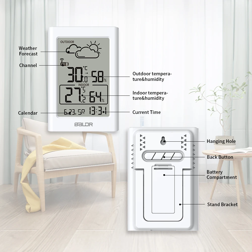 

DCF Radio Wireless Indoor Outdoor Thermometer Hygrometer LCD Display Home Forecast Weather Station with External Sensor