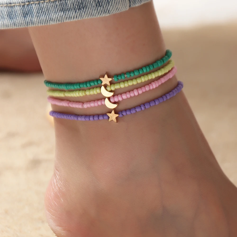 

4pcs/set Wholesale Fashion Bohemia Handmade Stars Moon Rice Bead Anklet Cuban Anklet Women Charms Anklets For Girls