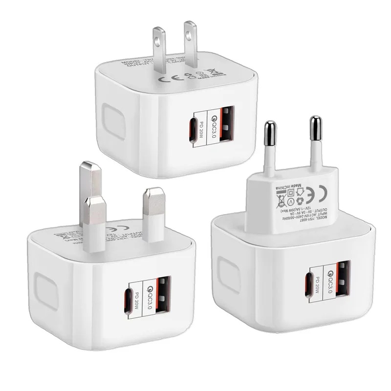 

New PD Wall Charger 20W Fast Charging Type-c USB Dual Port Fast Charging EU US UK Standard QC3.0 power charger, White