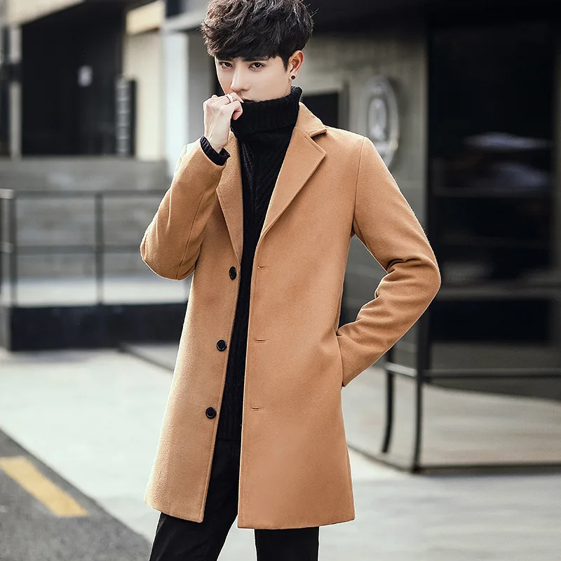 

Men's mid-length woolen trench coat Men's slim plus size woolen coat