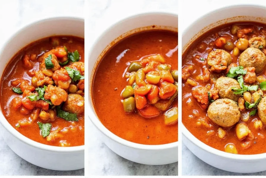 Three variations of stuffed pepper soup in bowls showing classic, vegetarian, and keto versions side by side