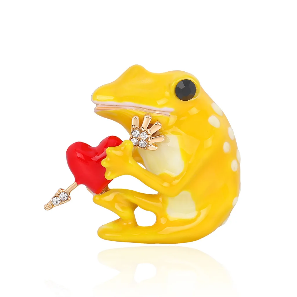

Green Yellow Enamel Frog Brooches Women Czech Rhinestone Heart Frog Animal Casual Brooch Pins Gifts