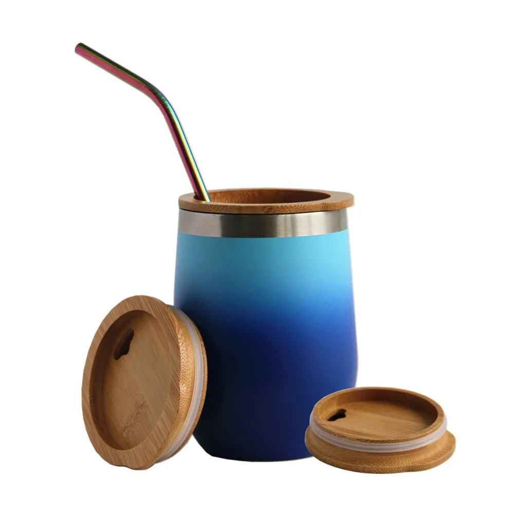 

Wholesale Price Gradient Color Custom Logo Beer Tumbler Mugs with Bamboo Cover Double Wall Stainless Steel Eggshell Tumbler, Customized color
