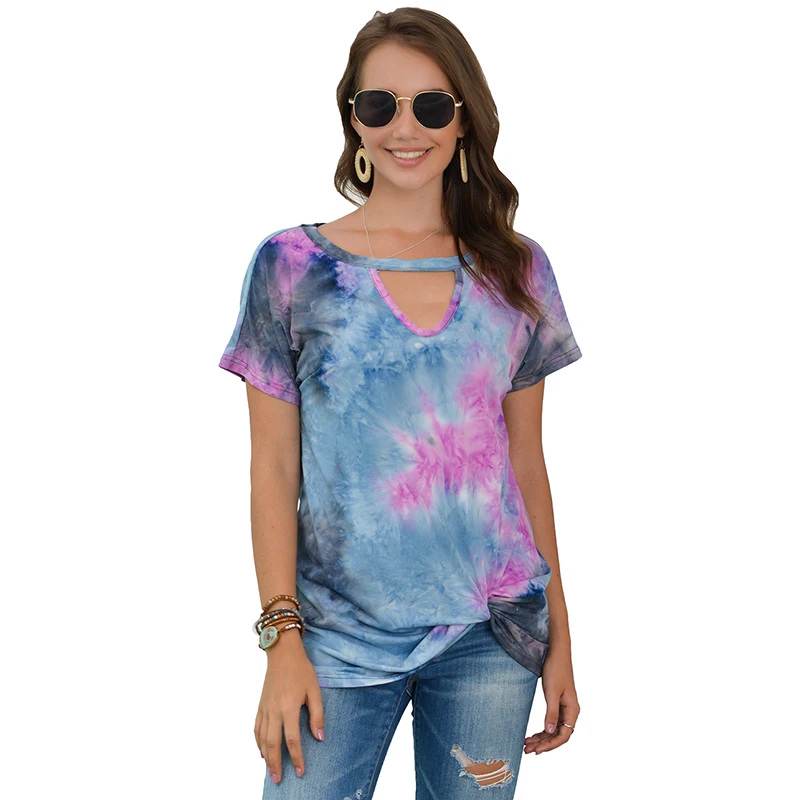 

High Fashion Hollow Out Neck Tie Dye Printed Tee Shirt Tops for Women, Blue, yellow, pink