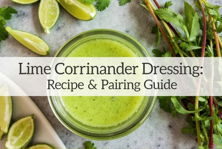 Fresh lime coriander dressing in glass jar with lime slices and cilantro garnish