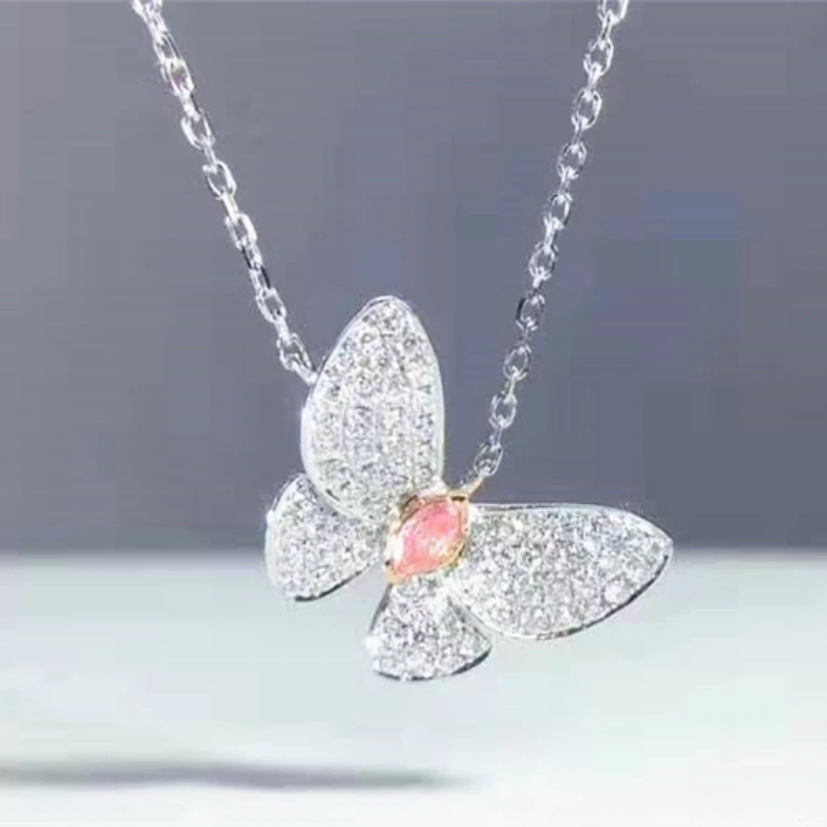 

Sgarit Butterfly Necklace Diamond Jewelry 0.055Ct Natural Pink Diamond Solid Gold Jewelry Diamond Pendant Necklace Women