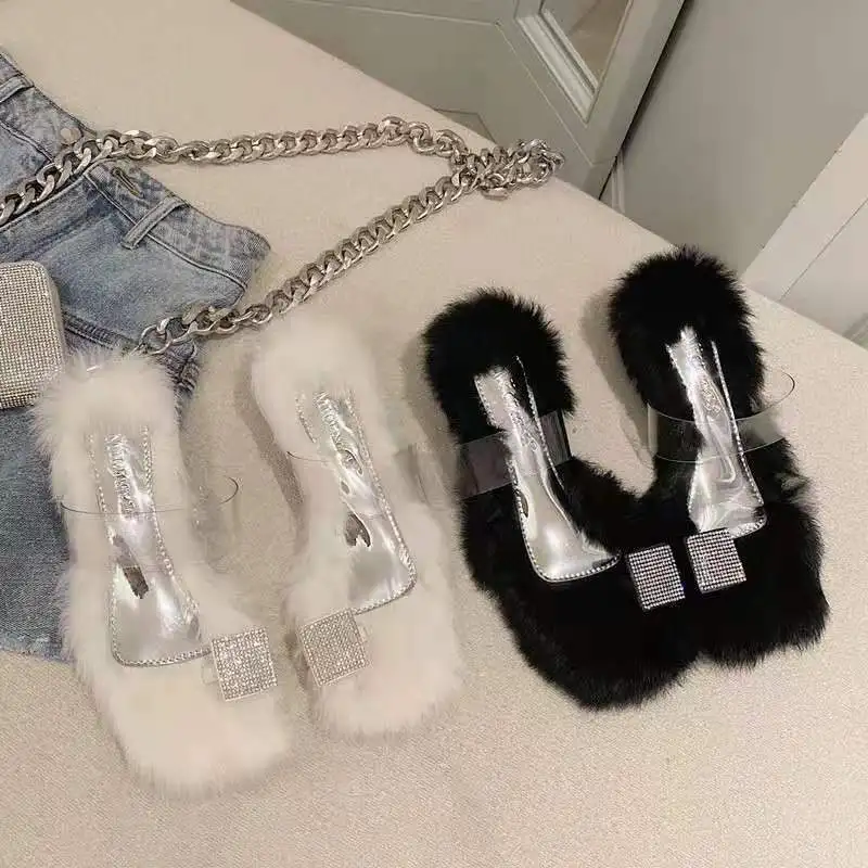 

New Summer high heel rabbit fur lady slippers Diamond women slippers shoes Low Heel Soft Fur Slides Slippers, Black, white