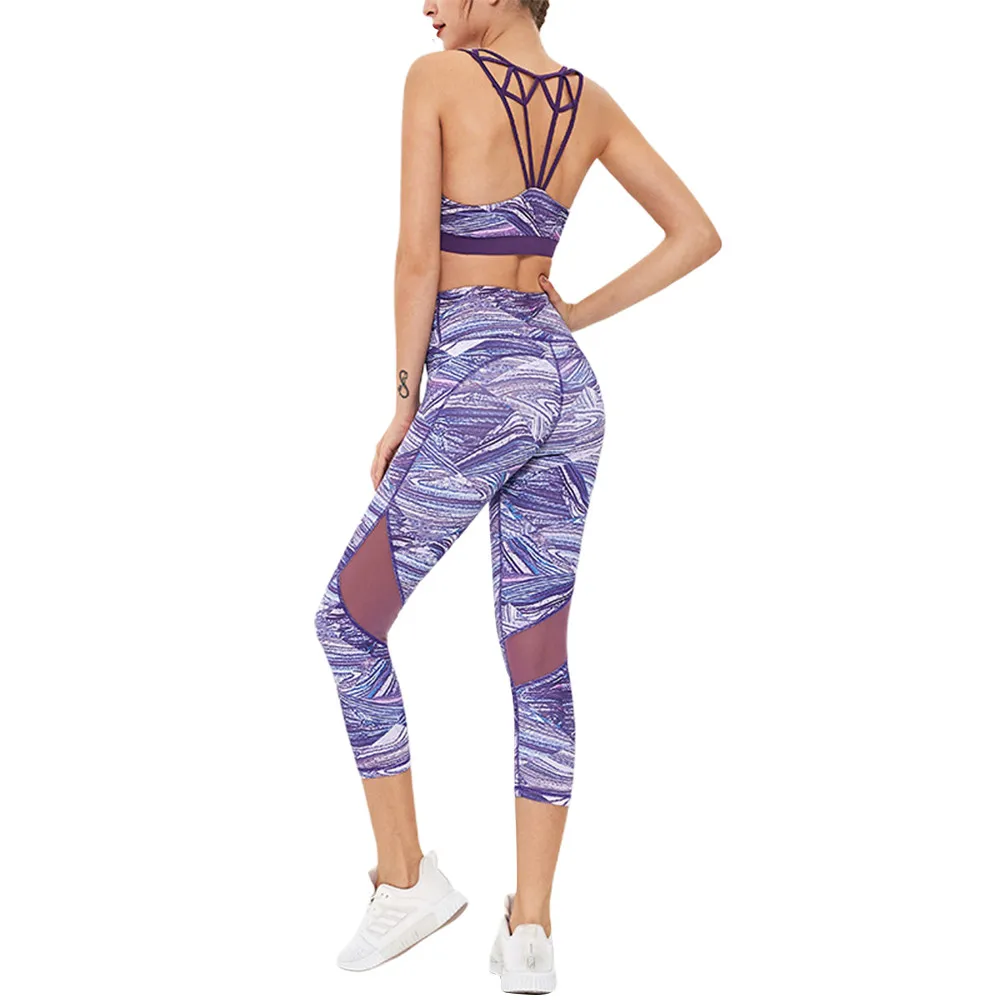 

Bum Lift push up yoga sport bra leggings seamless yoga set print purple women yoga sets