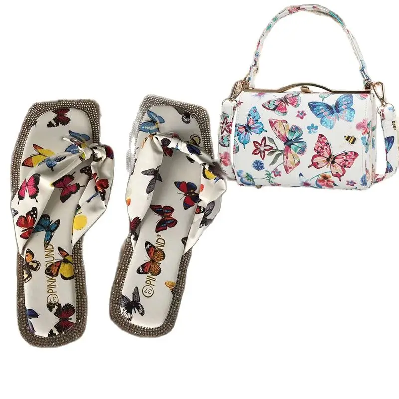 

hot selling shoes with matching bags set for girls High quality pvc Flat sandals and handbag sets 2021 butterfly print slippers, Customized color