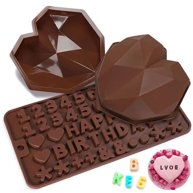 

Silicone Moldings Diamond Heart Shape Mousses Molds 3D Chocolate Number Alphabet Letter Mould Set Silicone For Baking Cake Mold, Pink,brown,white ,customized color