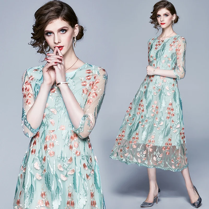

Ready to ship high-end western style slimming lace o neck half sleeve vintage mexican ladies organza fabric embroidered dresses, Green