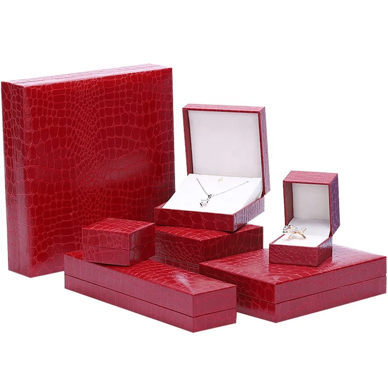 

Wedding jewellery boxes with red crocodile pattern leatherette white plush for ring earring pendant bangle bracelet necklace, Red,blue,green,black,gold,pantone as well as cmyk