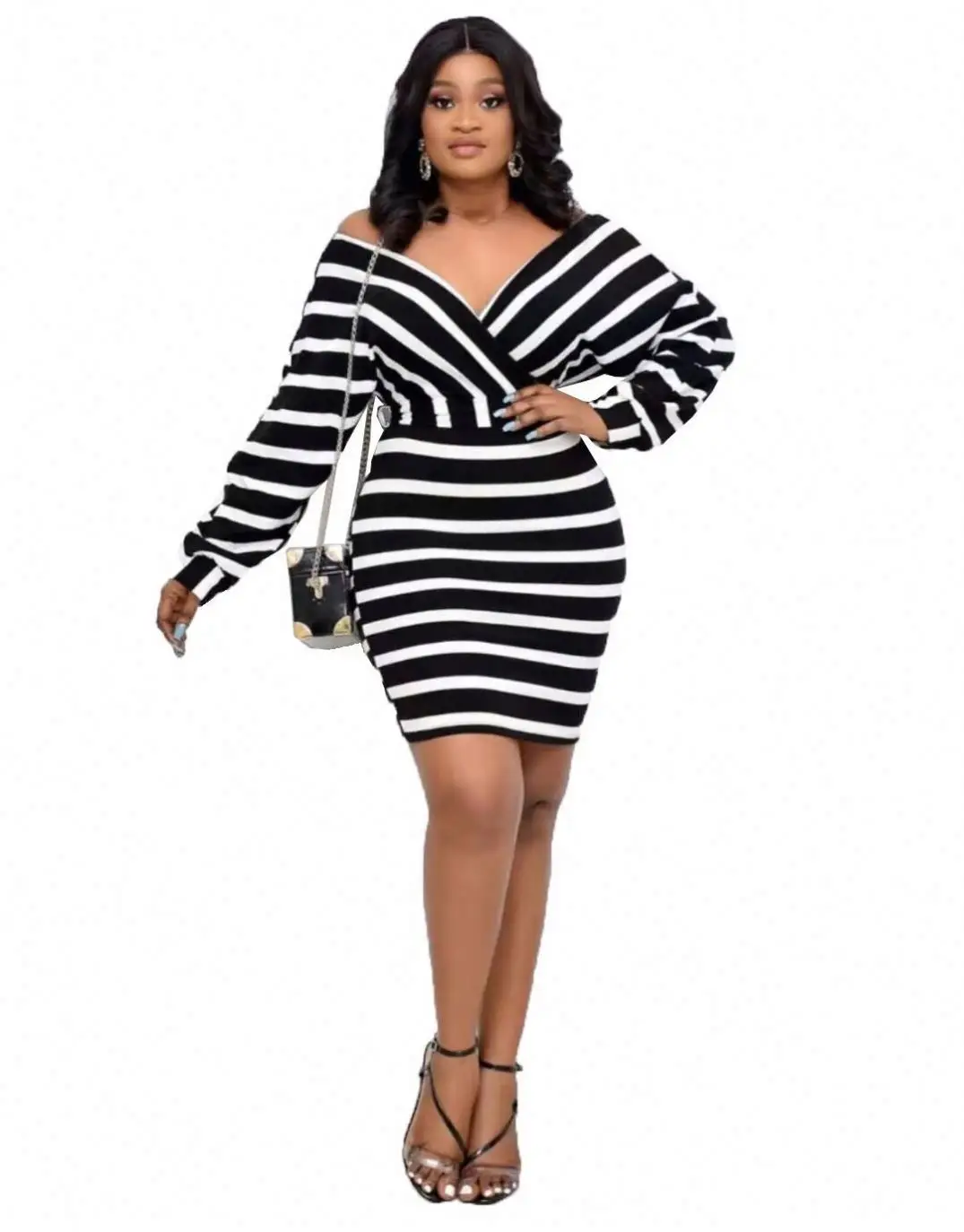 

FREE SAMPLE JHTH New arrival 2021 with belt stripe V neck office sexy women fashion plus Size Dress, As pictures