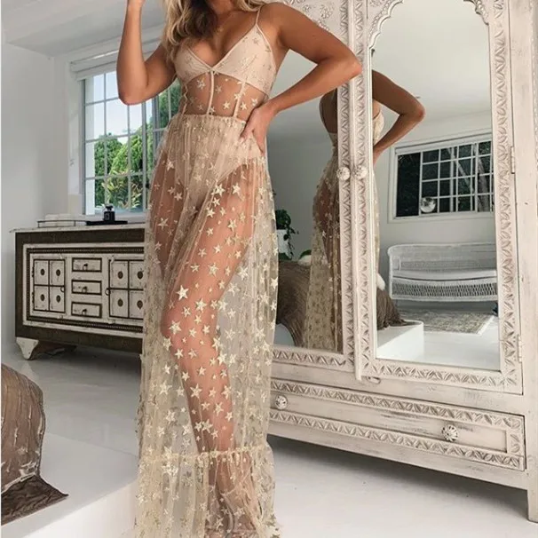 

Sexy Embroidery Sequins Star Deep V Neck Bohemia Casual Vestidos Boho Style Women Lace Hollow Dresses See-through Beach Dress, Apricot