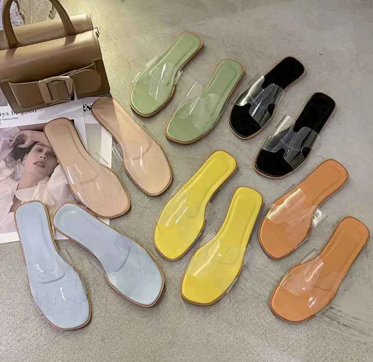 

2021 summer new women's shoes one word transparent jelly sandals square head slippers women, White, red, blue, green, purple, pink, orange, any color is available