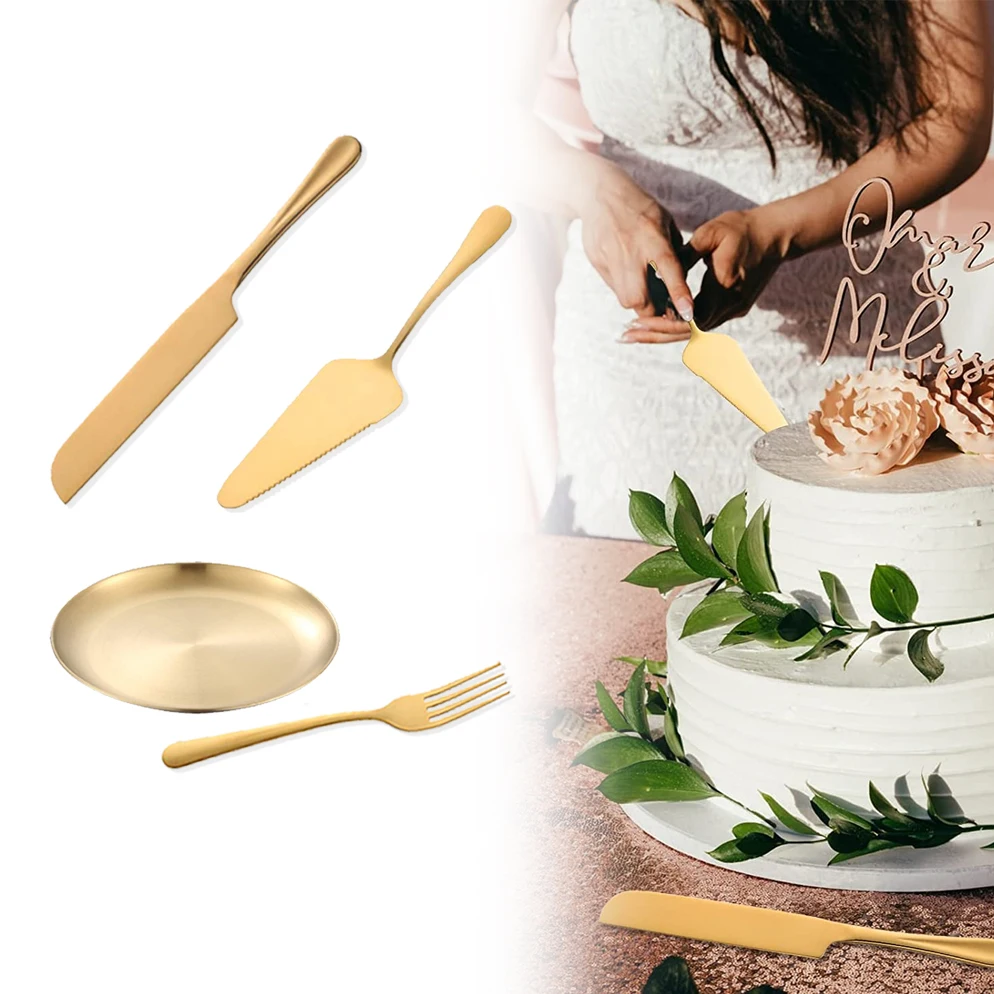 

Kitchen Round Plate Stainless Steel Flatware Birthday Wedding Gold Cake Cutter Fork Set Spatula Knife Cake Server