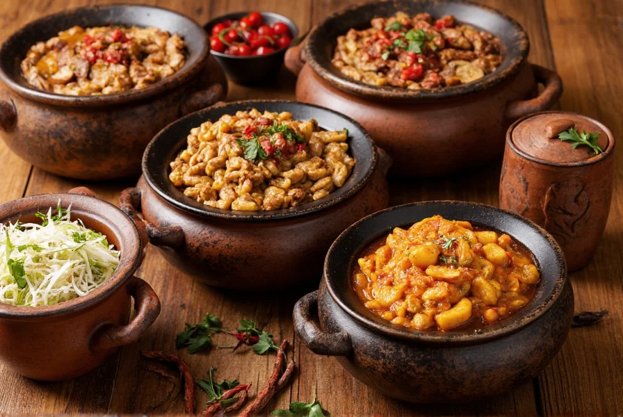 Traditional cooking pots with cumin-infused dishes from various global cuisines arranged on a wooden table
