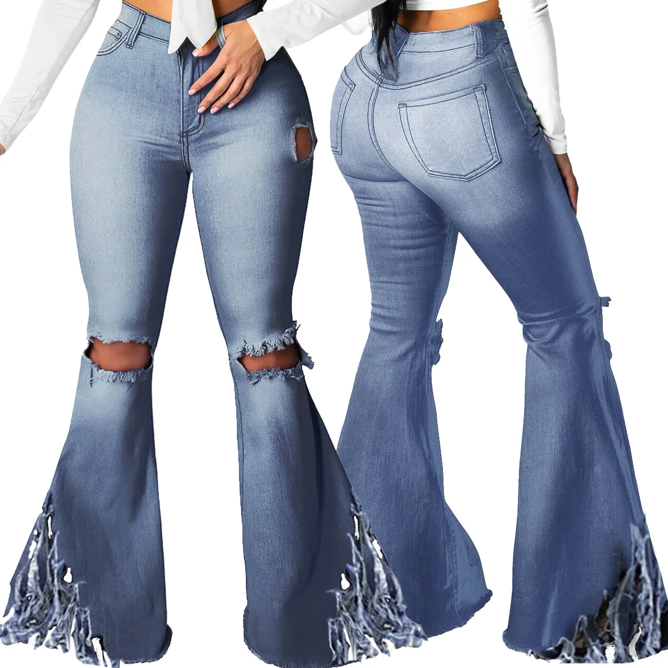 

B54443A Europe woman sexy ripped fashion new tight denim flare pants