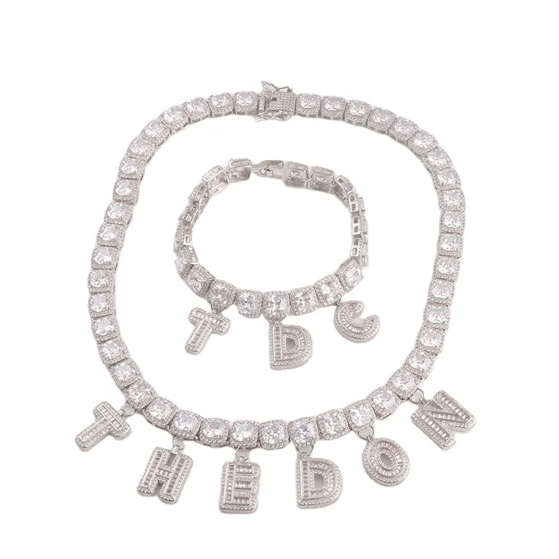 

Fashion diamond cz tennis chain ice out 14k 18k bling personalized customize name plate 26 arabic letter necklace