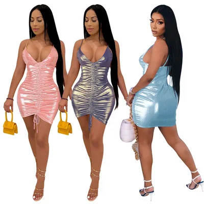 

Fashion Womans Summer Dresses Ruched Bag Hip Mini Dress Women Sling Shiny Drawstring Evening Club Dresses, Pink,lake blue,golden blue