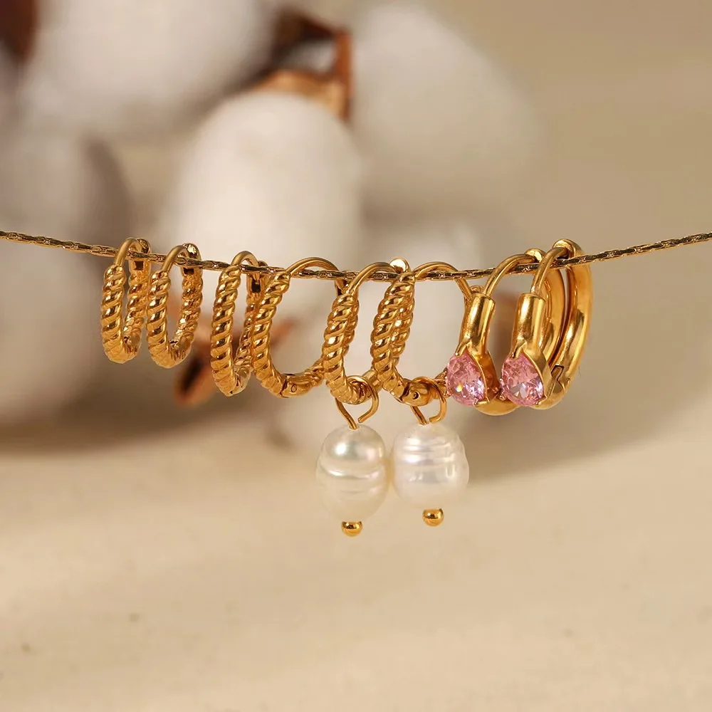 

Fashion Jewelry 18K Gold Plated Twisted Huggie Hoop Earring Zircon Pearl Stainless Steel Earrings Women Jewelry