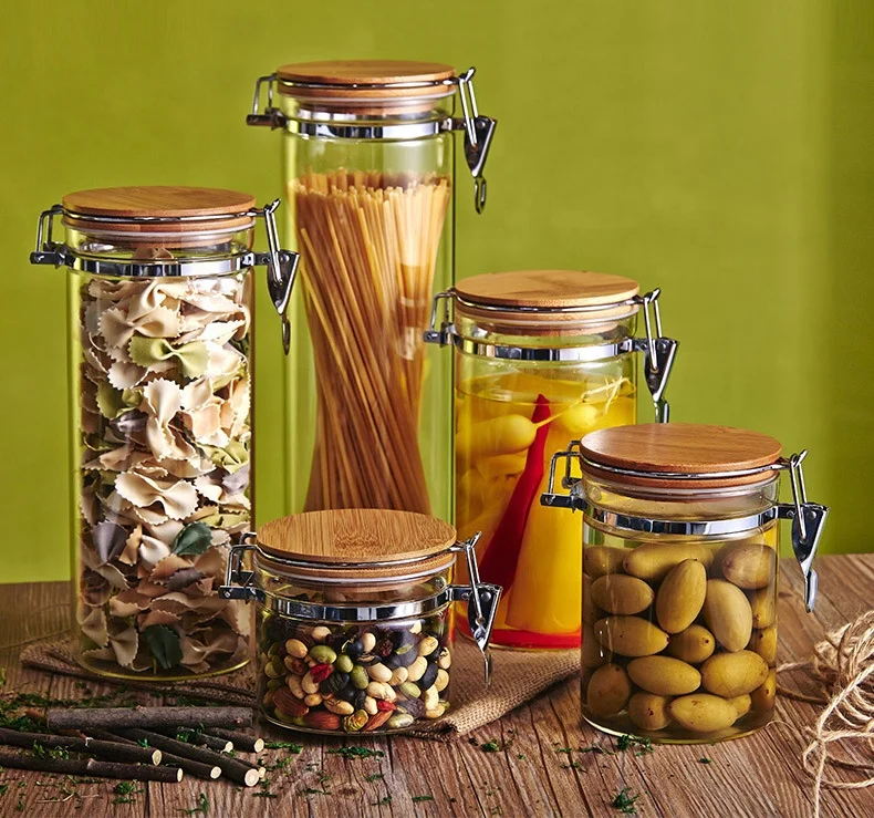 

Storage glass jar bamboo lid Jar 500ml 750ml 1000ml 1500ml Glass Container with Metal Clip, Clear