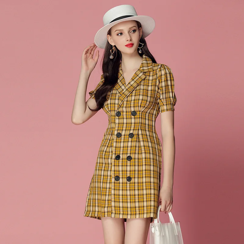 

2020 New Arrivals women ladies vintage notch lapel plaid casual blazer dresses, Black