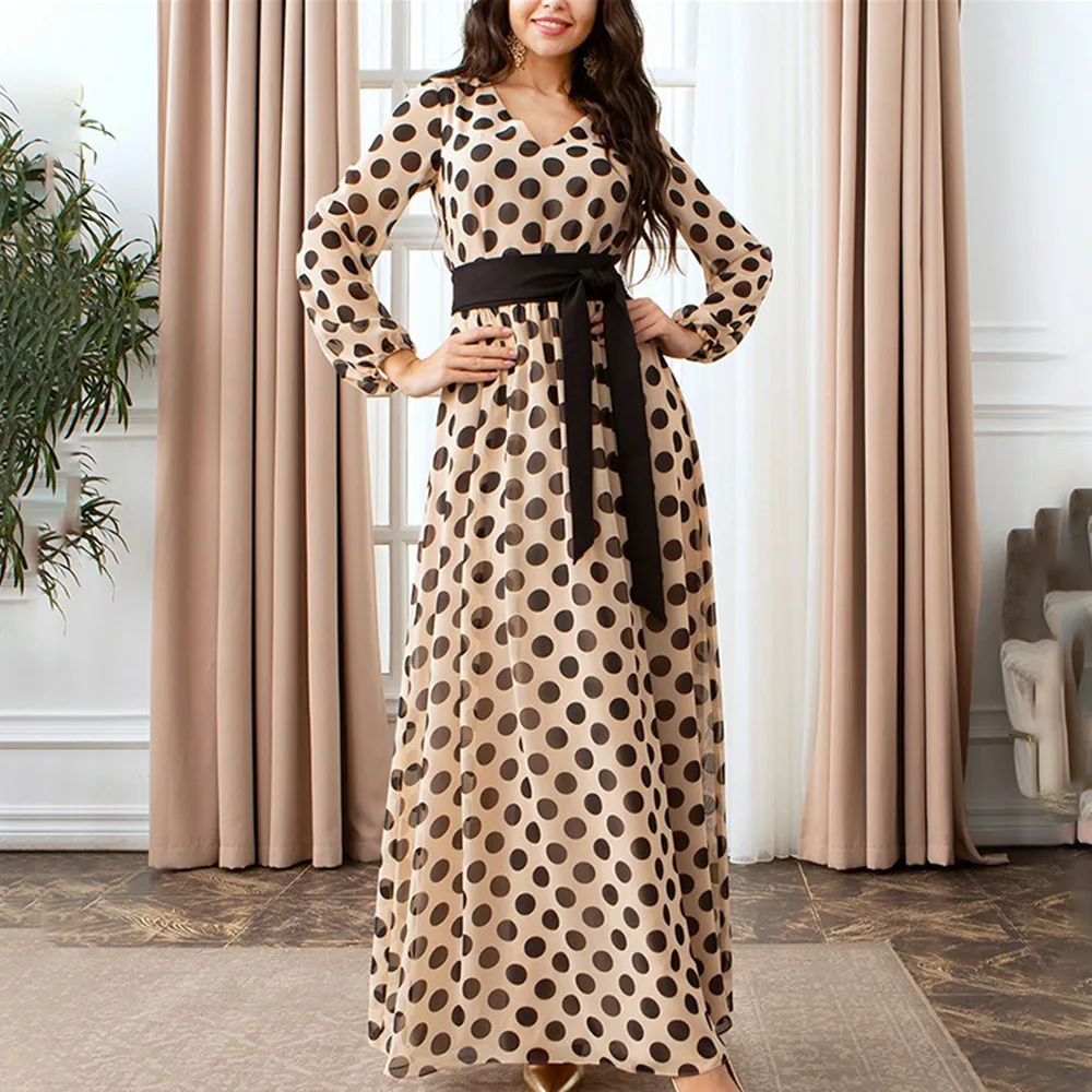 

slanna vintage women a line big swing bow tied polka dot printed muslim long maxi plus size dress