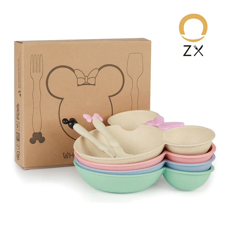 

wheat straw dinnerware set mickey minnie plate bowl feeding plate for baby children, Beige,pink,green,blue.customized color