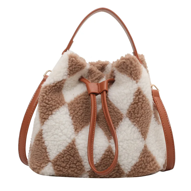 

Plush drawstring bucket bag 2021 winter new fashion fashionable casual women's single shoulder cross body hand bag, 3 colors