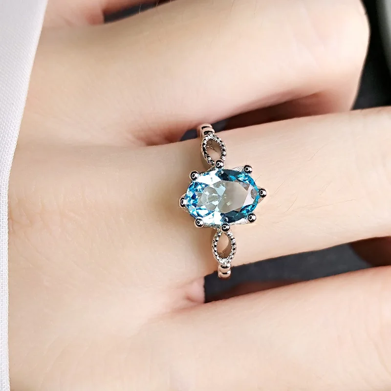 

Hot Sale Wedding Geometric Diamond Crystal Rings Luxury White Gold Plated Oval Imitation Aquamarine Open Rings