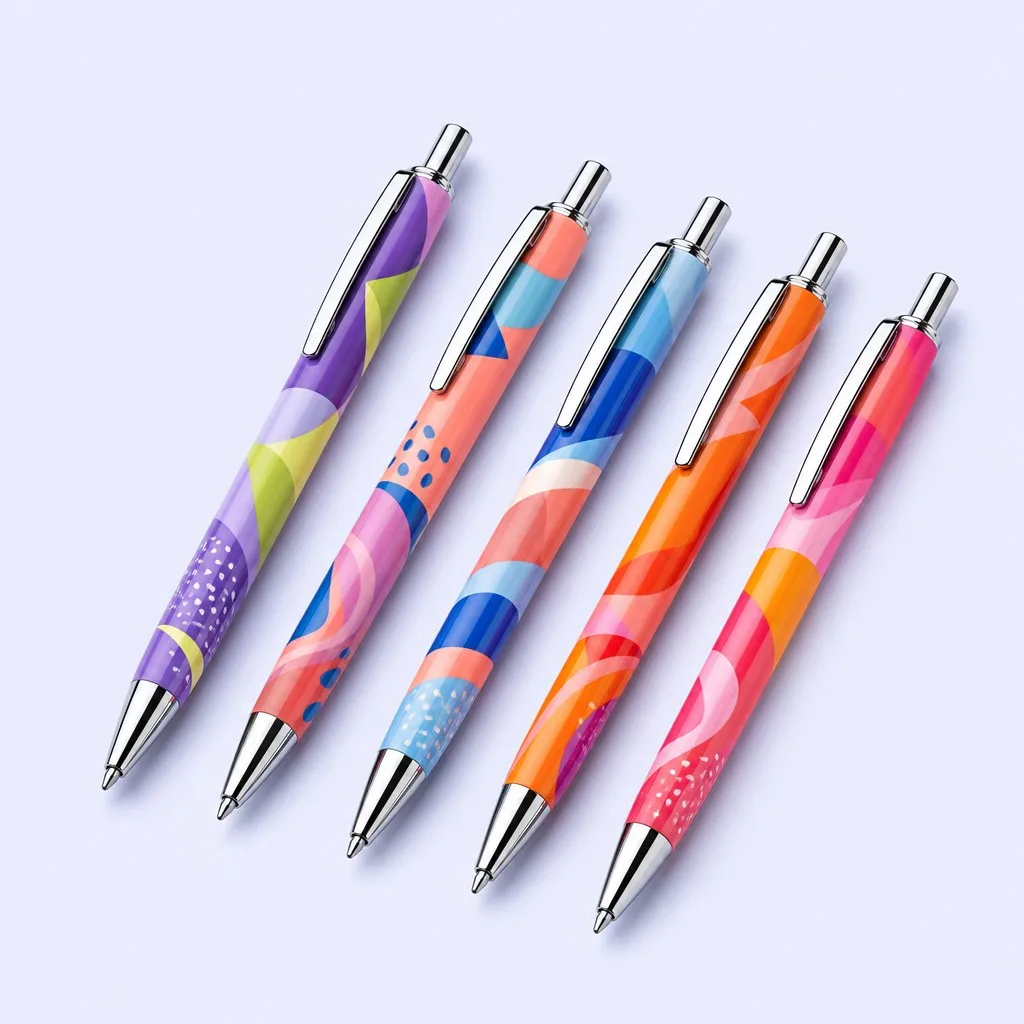 Five pens arranged diagonally with overlapping waves and organic shapes