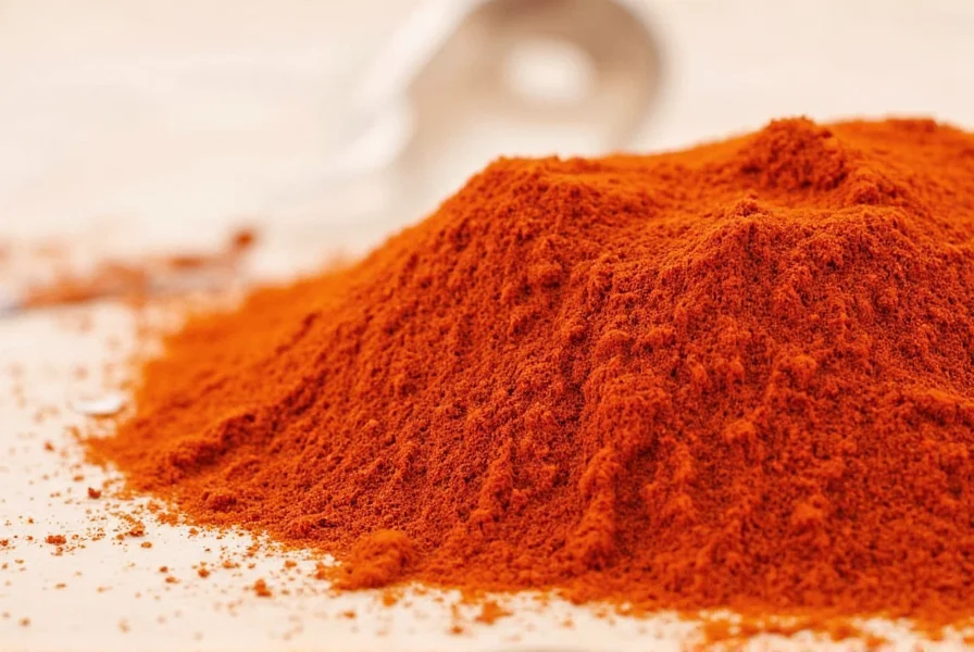 Close-up of vibrant red sweet paprika powder in a wooden spoon against a rustic kitchen background