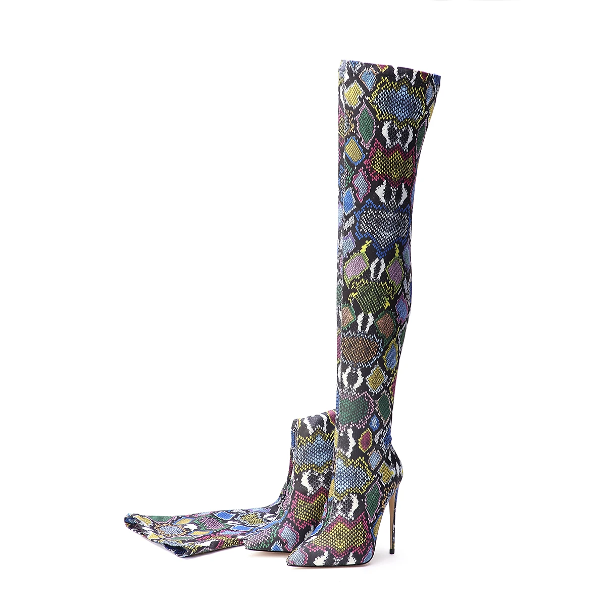 

Custom Ladies Sexy Pointy Toe High Heels Snake Skin Stretchy Women Over Knee Thigh High Boots, Colorful ,can be change other material