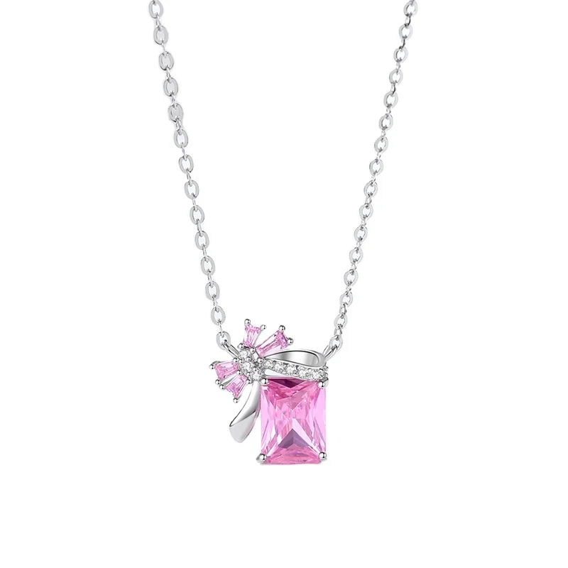 

Wholesale dainty 925 sterling silver fancy jewelry pink square zircon diamond bow tie necklace earrings set