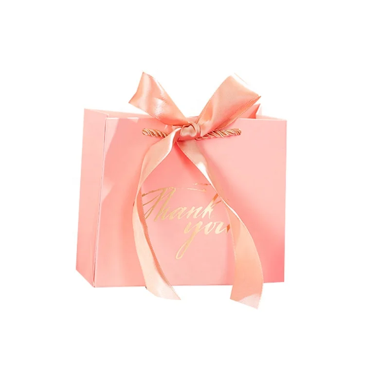 Paper Material Folders Yiwu Suppliers Cardboard Empty Thank You Disposable Wedding Door pink Gift Paper Bags with Ribbon Closure