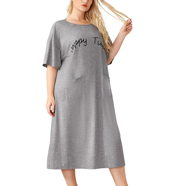 

Short Sleeve Crew Neck Sleepwear Solid Color Simple T-Shirt Dress Plus Size Loose Womens Clothing, Gray