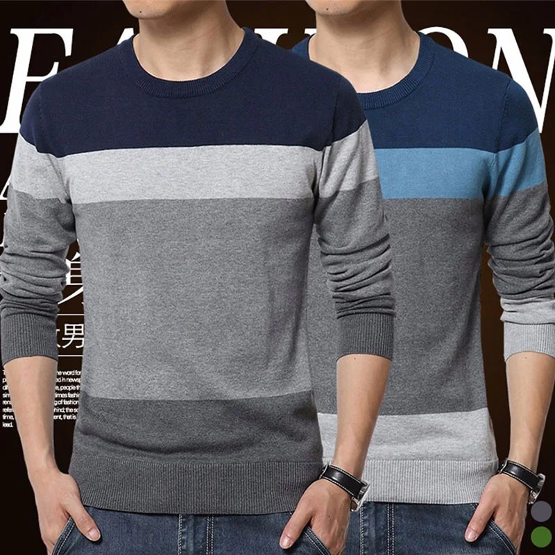 

2019 autumn and winter casual men's sweater striped round neck tight knit sweater men's pullover M-3XL