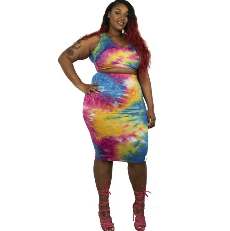 

Women Set O-neck Vest Casual Colourful tie-dye printed Package hip skirt, As pic show