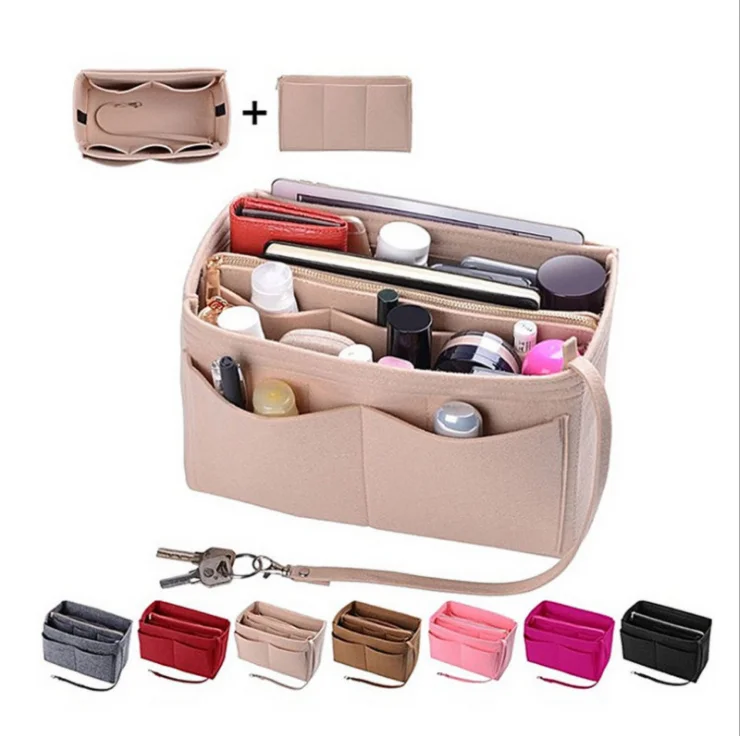 

Felt Bag Insert Organizer Women Felt Removable Handbag Organizer Insert Cosmetic Bag With Inside Zipper, Customized color