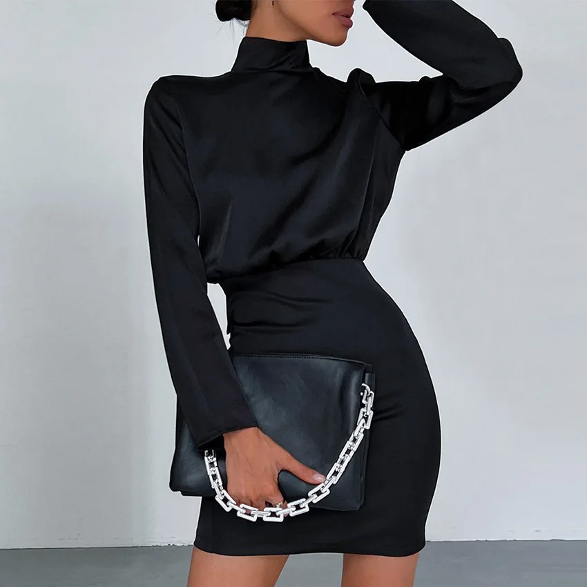 

2022 spring new French high-quality satin waist fashion women dress lace-up bow backless small turtleneck A-line short dress, Customized color