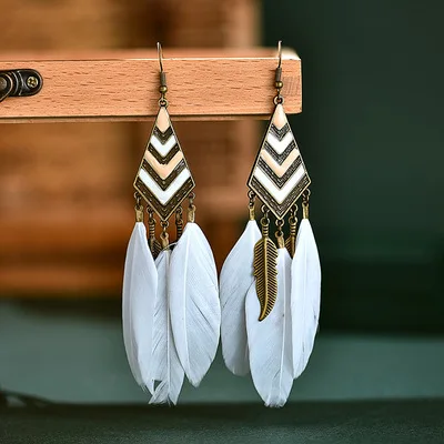 

Lastest Design Women Leaves Tassel Jewelry Beho Long Feather Tassel Creative Earrings