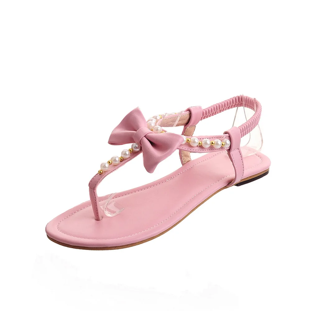 

New fashion peep-toe solid color bow beaded elastic low-heel casual ladies sandals