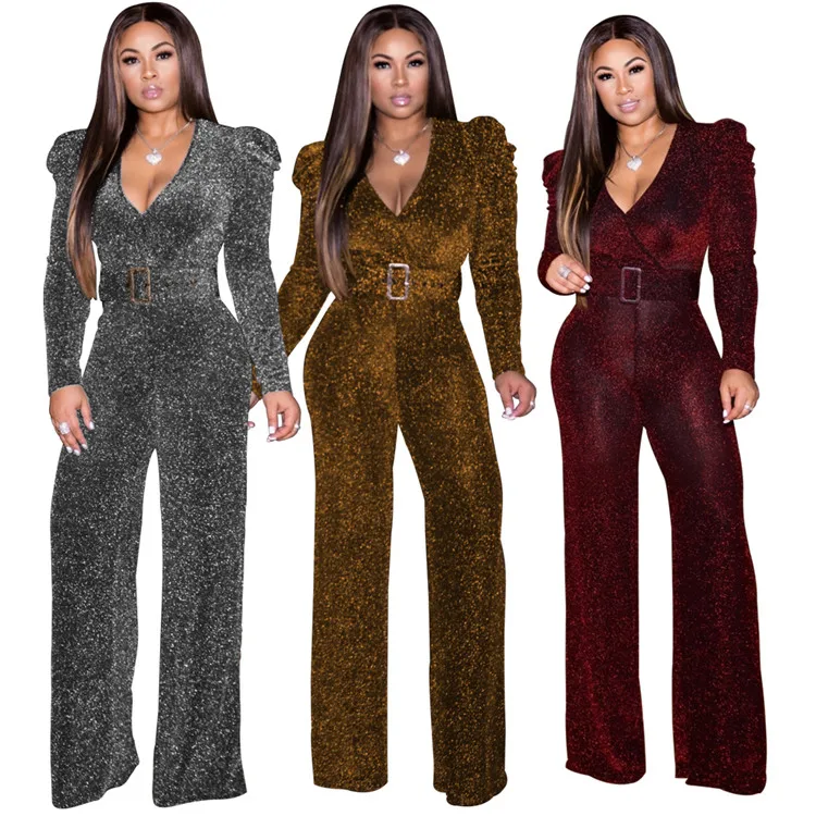 

New Designer Ladies Jumpsuits Rompers Pants V Neck Glitter Cozy One Piece Fall Long Sleeve Sexy Club Wear Custom Women Jumpsuit, Picture