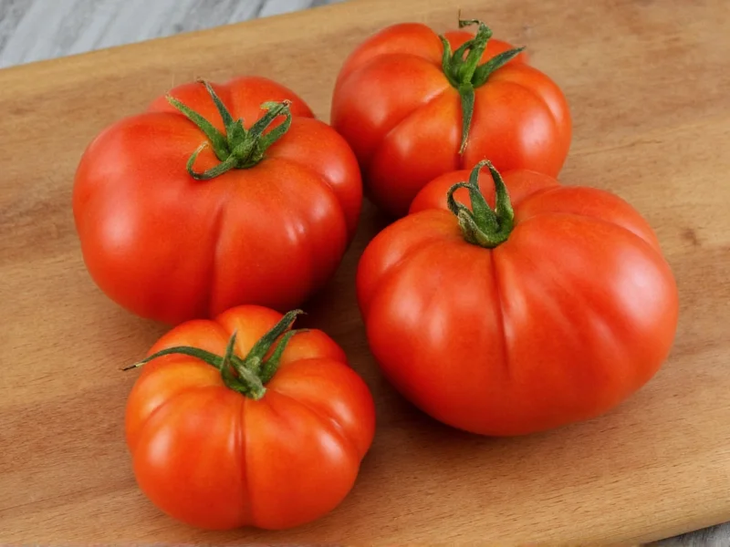 Ripe heirloom tomatoes on wooden cutting board